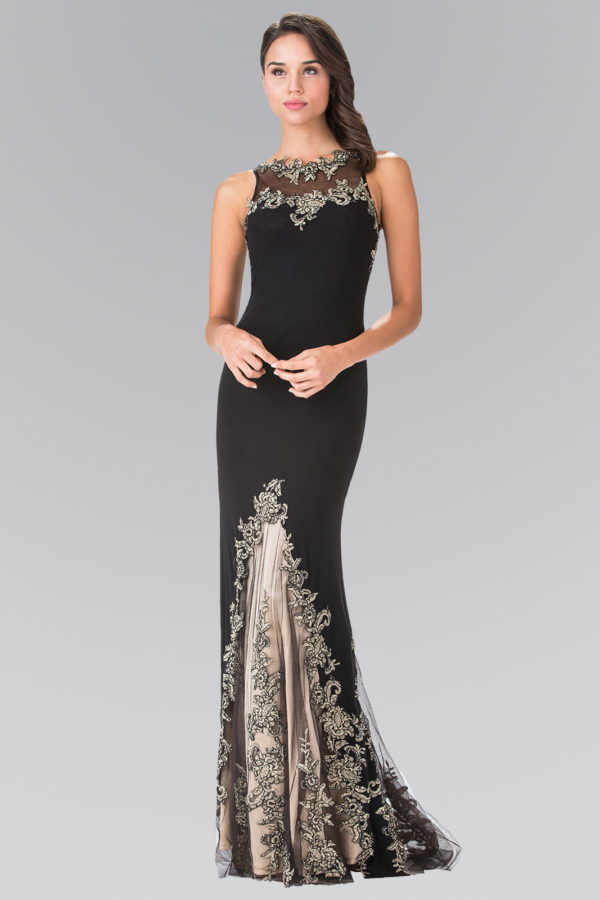 black floor length high neck dress accented with embroidery