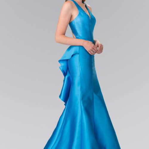turquoise floor length mikado trumpet dress with ruffles