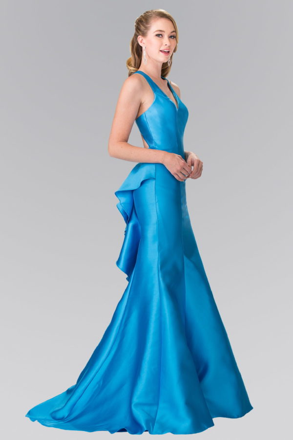 turquoise floor length mikado trumpet dress with ruffles