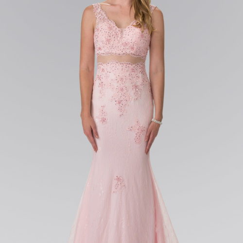 blush floor length beaded lace two piece trumpet dress