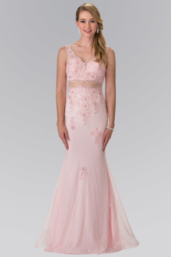 blush floor length beaded lace two piece trumpet dress
