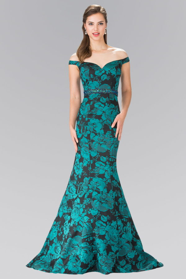GL2245 | Floral Print Sheer Jacquard Trumpet Dress | GLS
