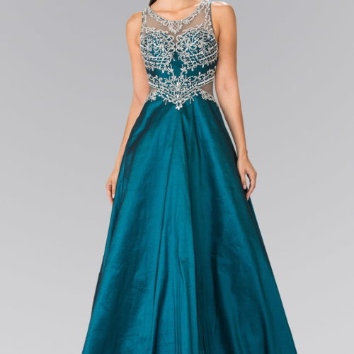 Girl in Teal Full Beaded Top Side Cut-Out Dress with Sheer Back