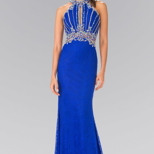 Teen Girl In Royal Blue Halter-Neck Lace Long Dress With Illusion Waistline