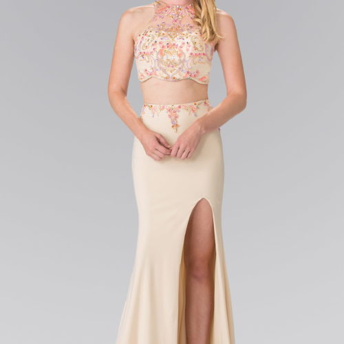 champagne jewel embellished rome jersey two piece dress