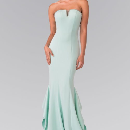 Girl in Tiffany Strapless Long Dress with Beading Along Top of The Bodice