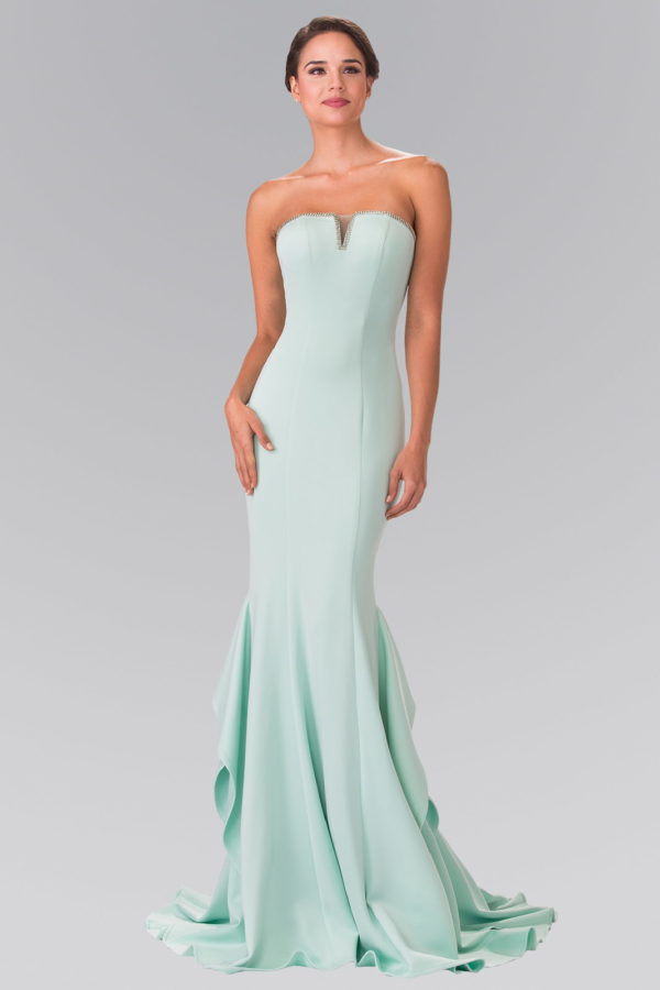 Girl in Tiffany Strapless Long Dress with Beading Along Top of The Bodice