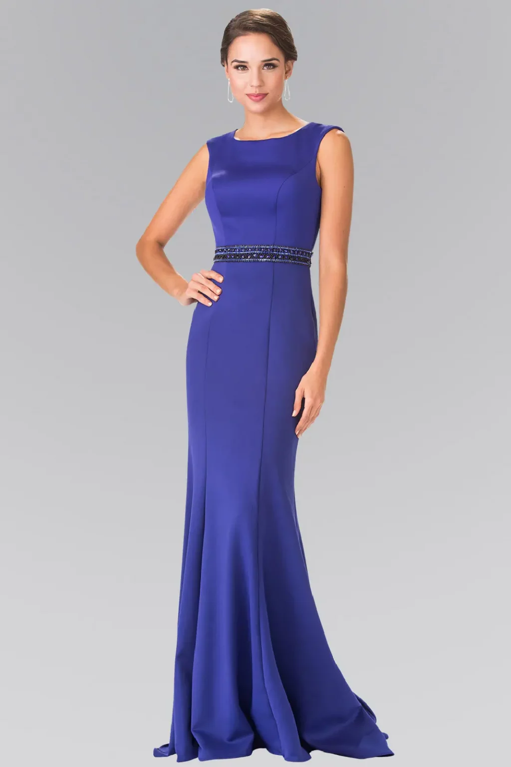 Front view of Beaded Waist Line Jersey Long Dress with Cut-Out Back