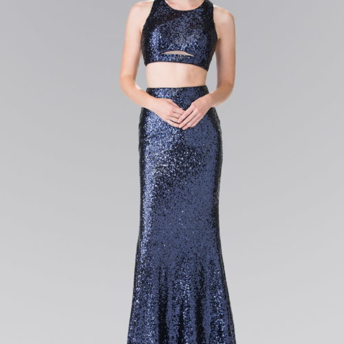 navy sequin mock two piece dress accented with side cuts