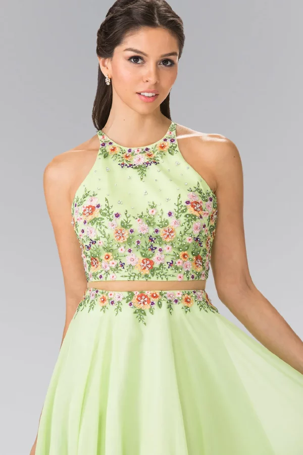 GL2340 | High Neck Mock Two-Piece Bead Chiffon Dress | GLS