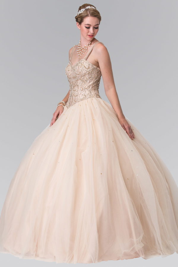 Teen Girl In Champagne Sweetheart Neckline And Beaded Strap Quinceanera Dress