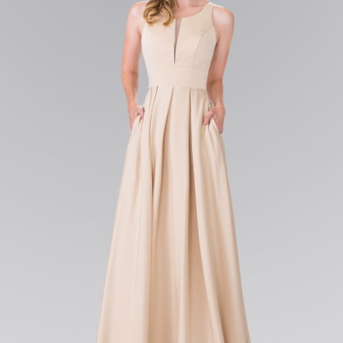 Teen Girl In Champagne Prom Dress With Notched Scoop And Long Skirt