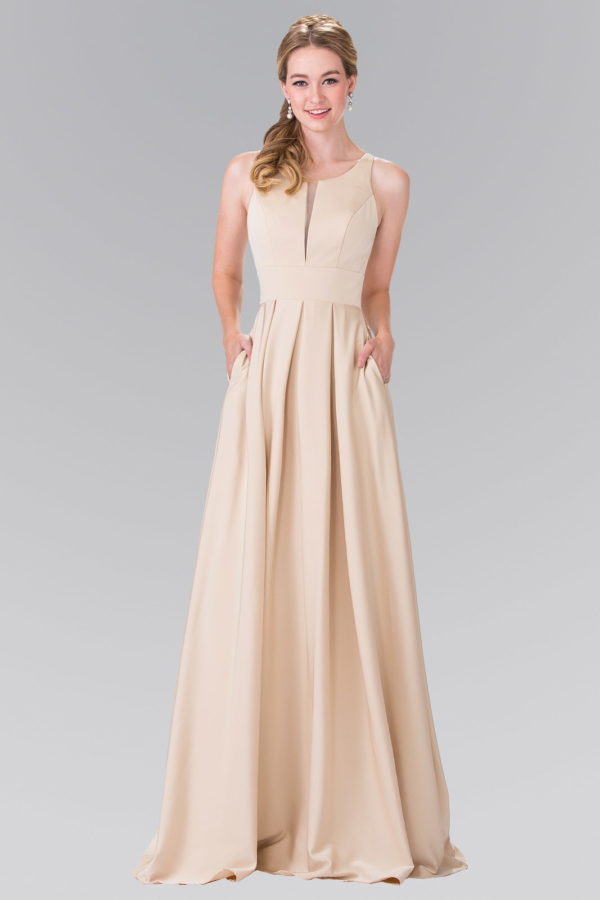 Teen Girl In Champagne Prom Dress With Notched Scoop And Long Skirt
