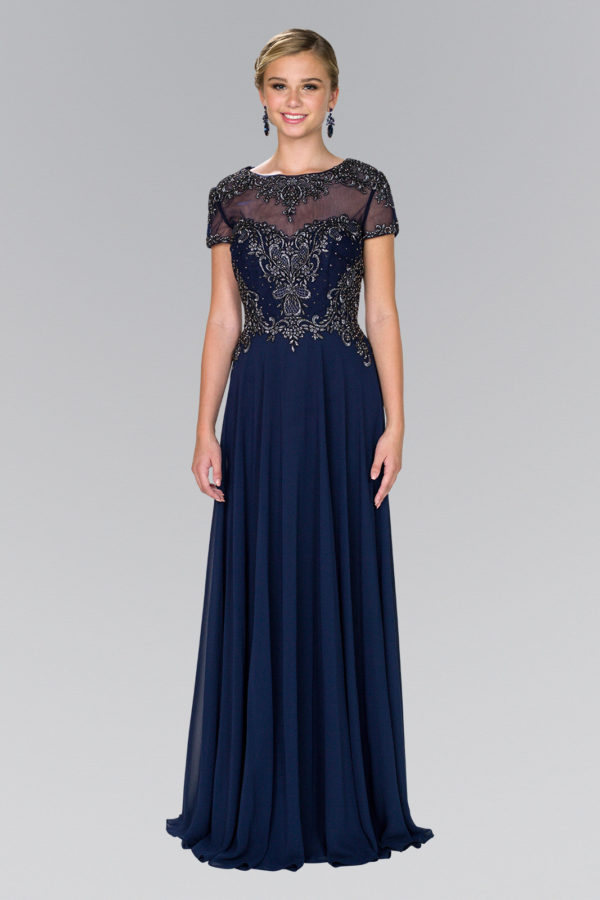 Teen Girl In Navy Blue Chiffon A-Line Long Dress With Embroidery And Beads