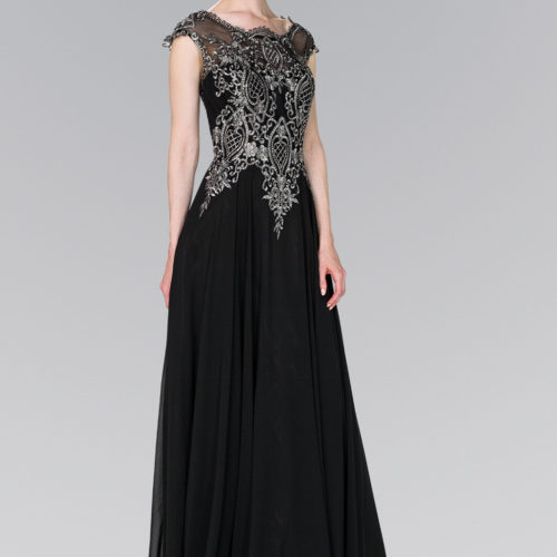 black and silver chiffon scoop neckline long dress