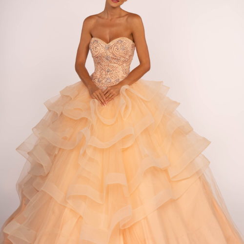 peach jewel crusted tulle quinceanera dress