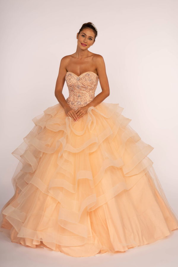 peach jewel crusted tulle quinceanera dress