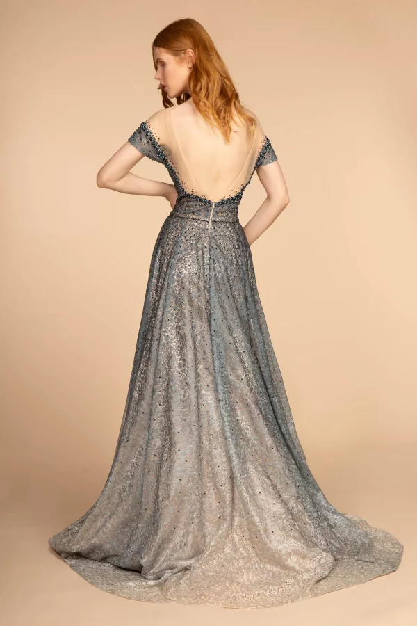 GL2558 | Sheer Bodice Bead V-Back Ombre A-line Dress | GLS