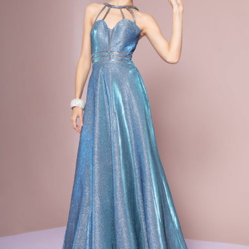 Girl in Blue Cut Out Neckline Glitter Crepe Sleeveless A-Line Dress