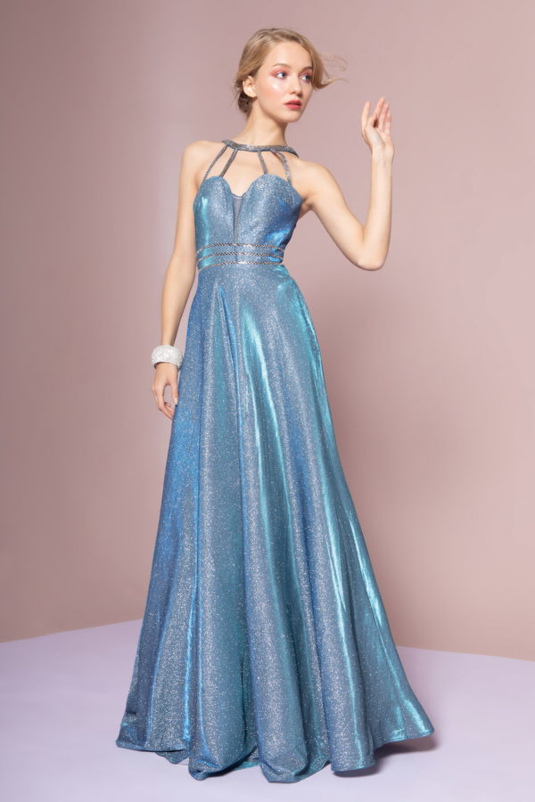 Girl in Blue Cut Out Neckline Glitter Crepe Sleeveless A-Line Dress