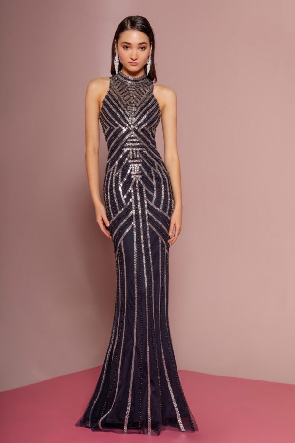 metallic applique embellished mermaid high-neck long dress