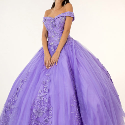 woman in lilac off shoulder ballgown