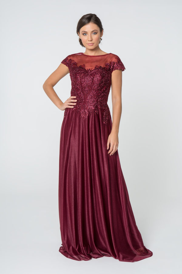 burgundy chiffon and lace boat neckline dress