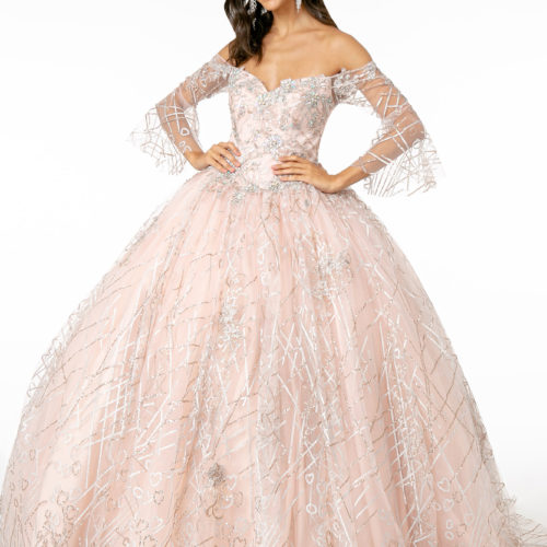 blush off shoulder long sleeves glitter ball gown
