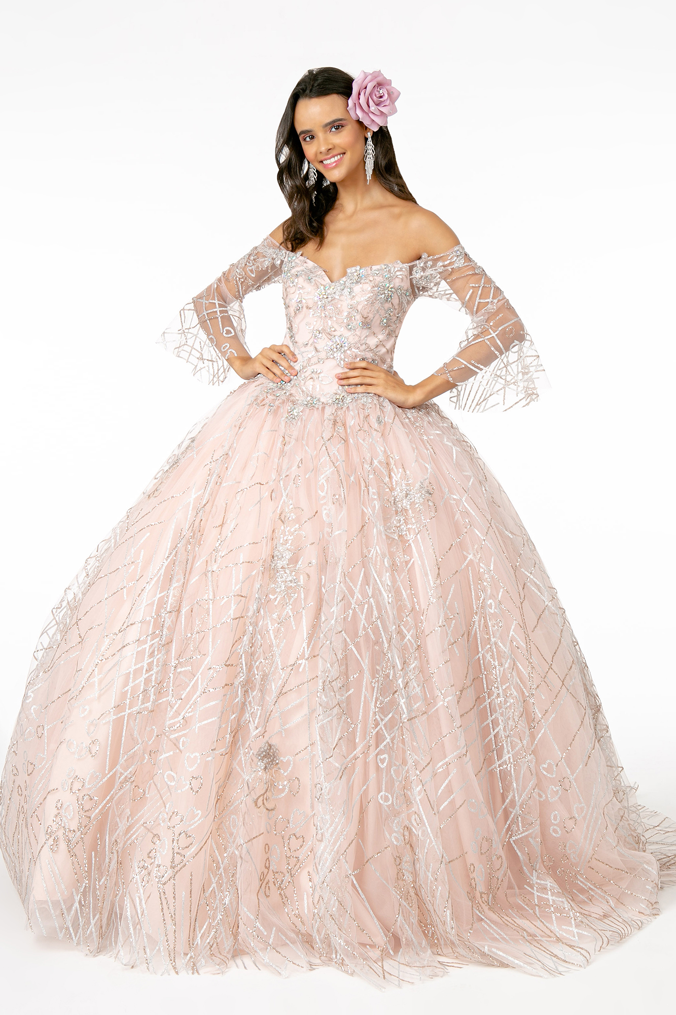 blush off shoulder long sleeves glitter ball gown