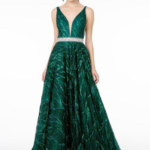 Teen Girl In Green Jewel Accented Waist Glitter Mesh A-Line Dress