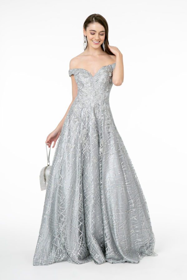Teen Girl In Silver Embroidered Sequin & Glitter Embellished Mesh A-Line Dress