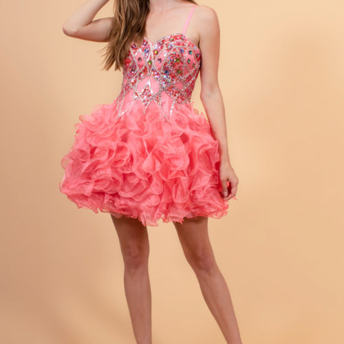 Teen Girl In Coral Organza Short Dress With Corset Style Bodice And Ruffle Skirt