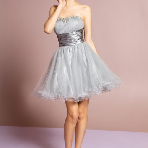 woman in gray strapless cocktail dress