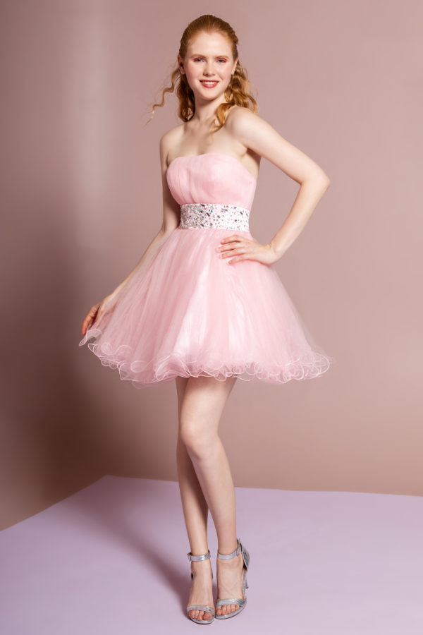Teen Girl In Blush Strapless Sweetheart Tulle Short Dress Accented With Jewel Embellished Waistline