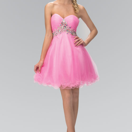 Teen Girl In Pink Strapless Sweetheart Tulle Short Dress Accented With Jewel