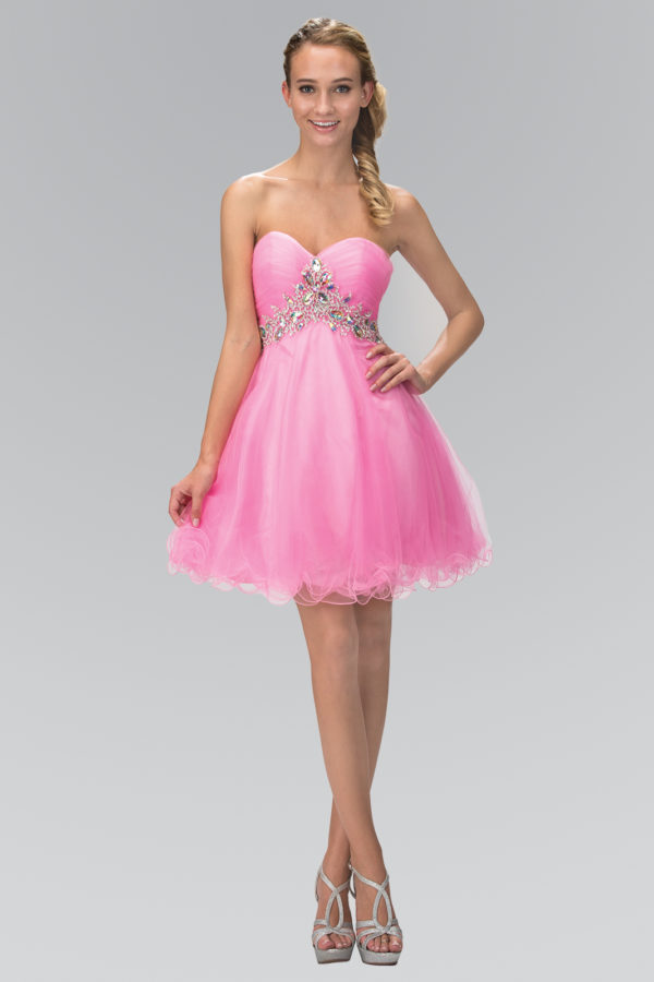 Teen Girl In Pink Strapless Sweetheart Tulle Short Dress Accented With Jewel