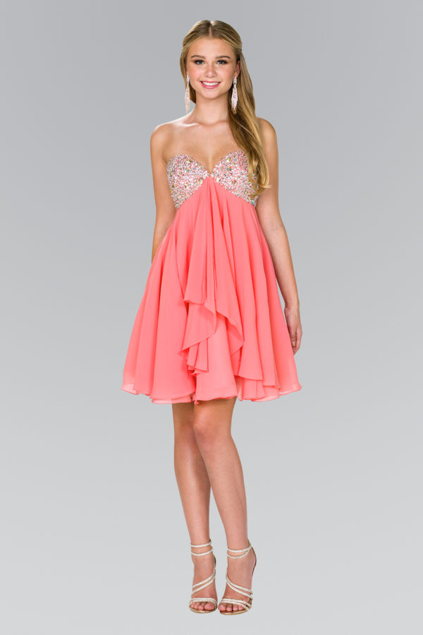 Teen Girl In Coral Strapless Chiffon Short Dress With Jewel Detailing
