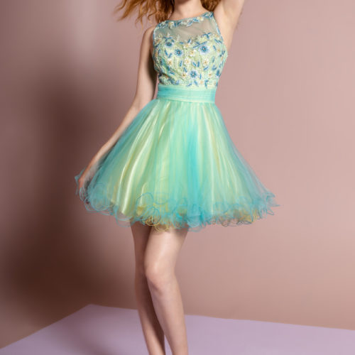 Teen Girl In Turquoise Yellow Sheer Neckline And Back Tulle Short Dress With Floral Lace Embellished Bodice