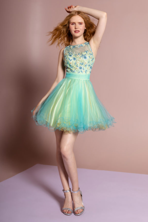 Teen Girl In Turquoise Yellow Sheer Neckline And Back Tulle Short Dress With Floral Lace Embellished Bodice