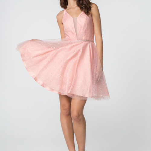 Teen Girl In Blush Illusion Deep V-Neck Glitter Mesh Short Dress W/ U-Back