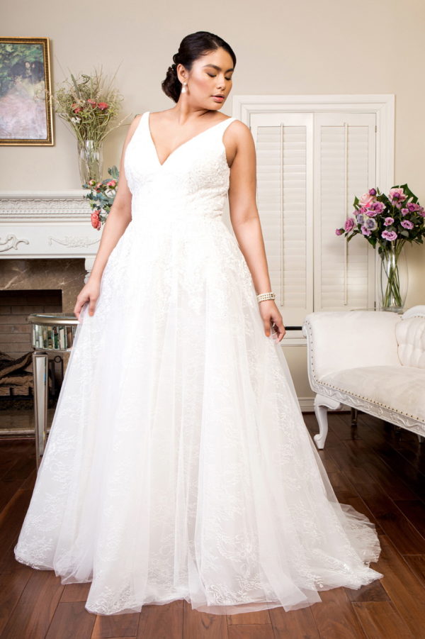 woman in v-neck wedding gown