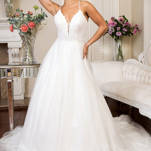 posed woman in v-neck wedding gown