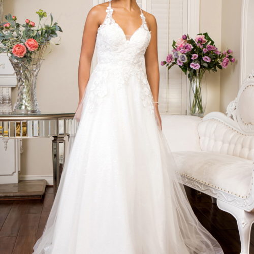 Illusion V-Neck Spaguetti Strap Embroidered Wedding Gown