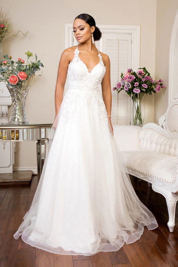 Illusion V-Neck Spaguetti Strap Embroidered Wedding Gown
