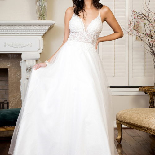 woman in v-neck wedding gown