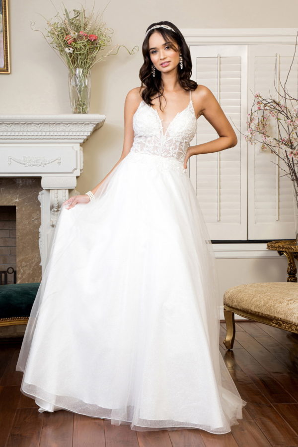V-Neck Beads Embellished Embroidered Spaguetti Strap Wedding Gown