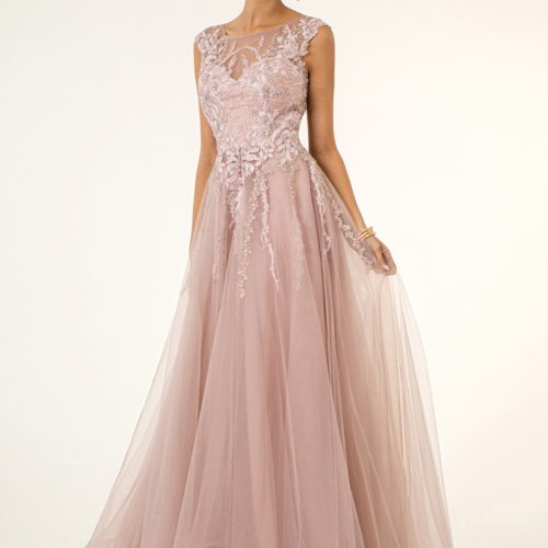 Dusty Rose Embroidered Jewel and Sequin Embellished Long Dress