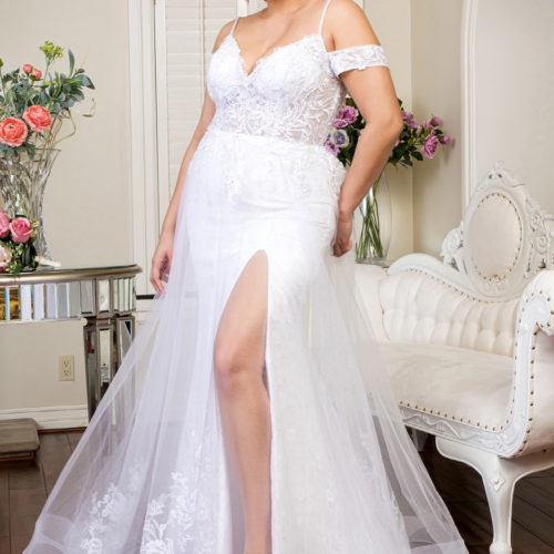 woman in high slit wedding gown