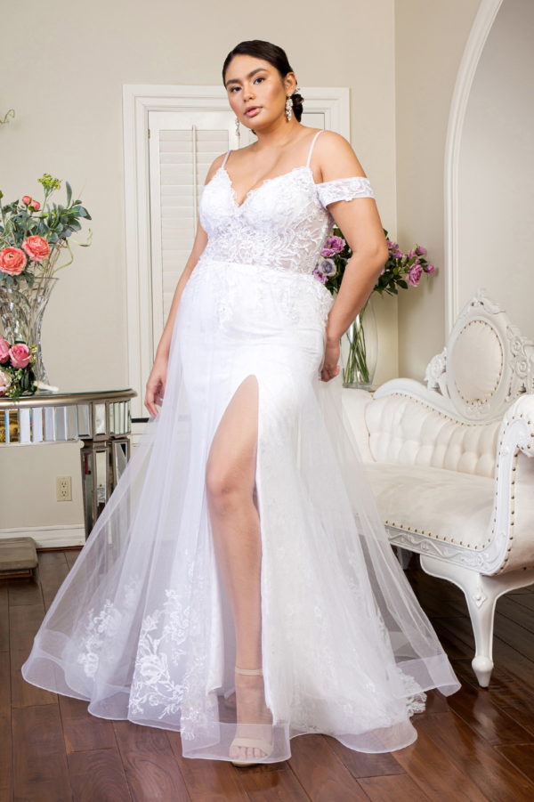 woman in high slit wedding gown