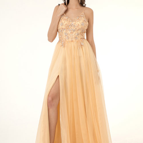 Champagne V-Neck Spaguetti Straps Beads and Sequins Embellished Long Dress